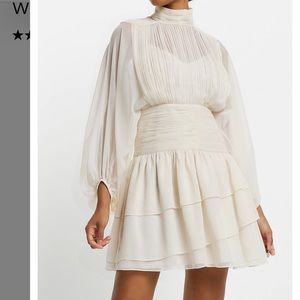 Express Mock Neck Long Sleeve Pleated Waist Ruffled Mini Dress